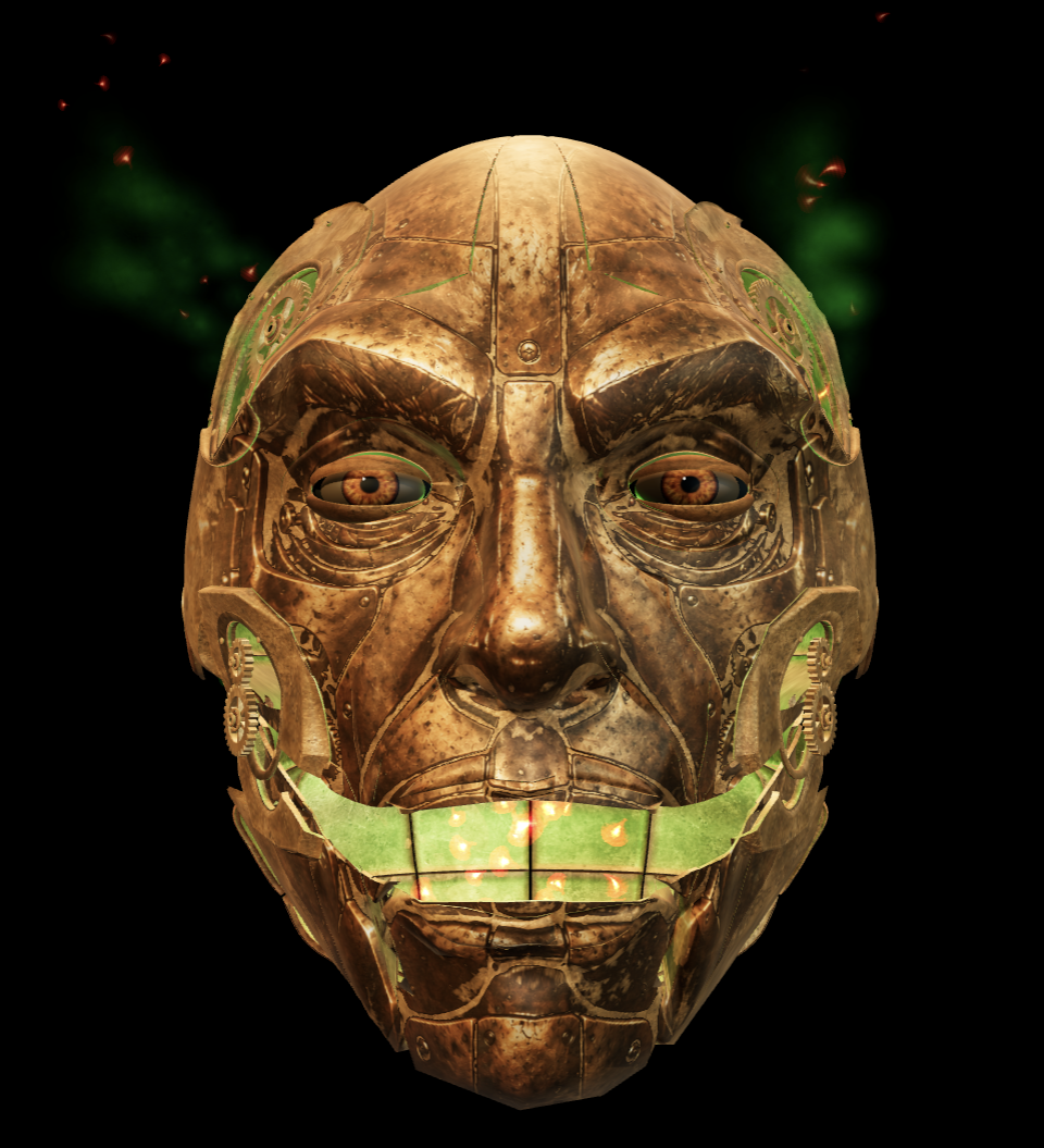The golden Mirror of Oz face with amber eyes and glowing emerald effects